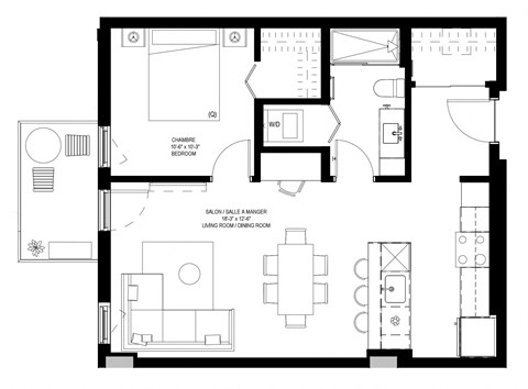 Floor plan for 1 bed, 1 bath, 698 sqft